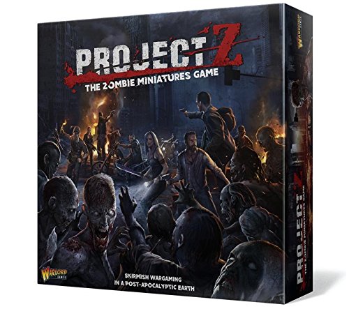 Box for "Project Z Starter Game" featuring dark, zombie-themed artwork with miniatures, showcasing a post-apocalyptic scene and vibrant colors on a sturdy cardboard material.