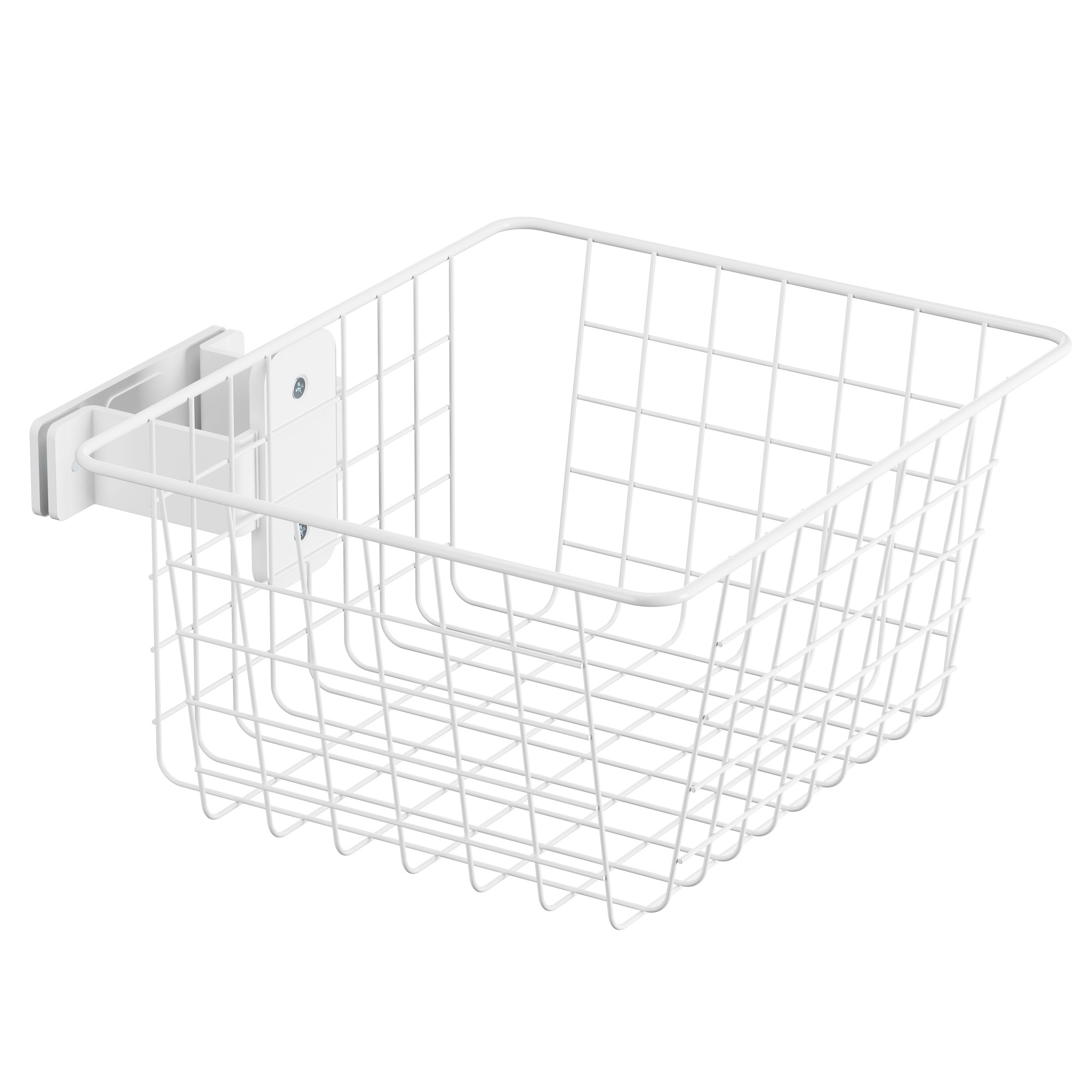 White wire basket designed for mobile desk workstations, featuring a grid pattern and a mounting bracket for easy attachment.