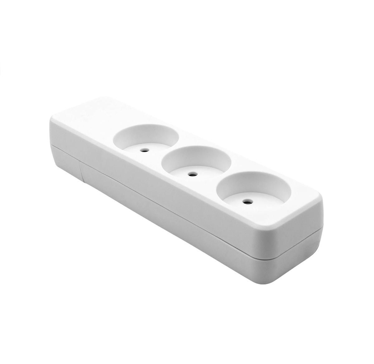 White, plastic power strip with three round sockets, featuring a sleek, minimalist design and a compact form factor.