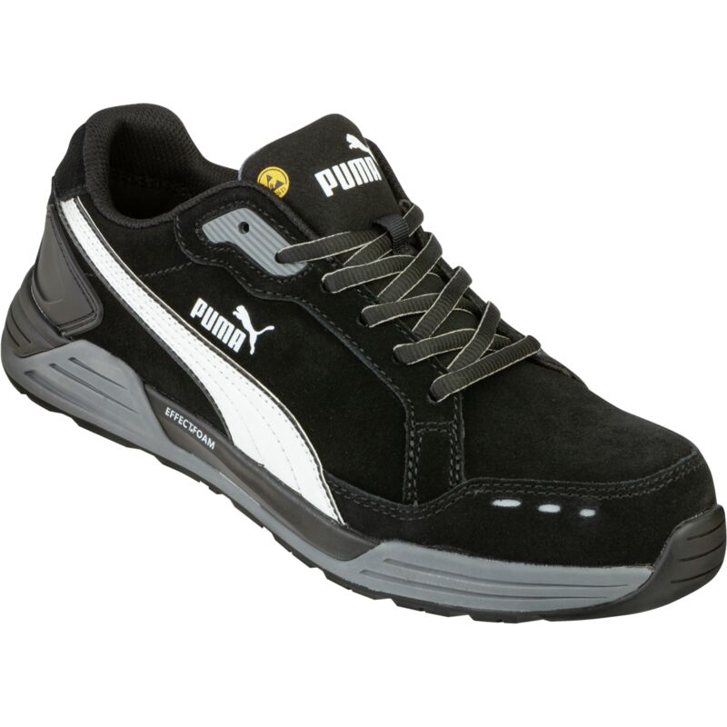 Black Puma Airtwist S3 safety trainers feature a suede and mesh upper, white stripe detailing, padded collar, and a durable rubber sole, designed for comfort and protection.