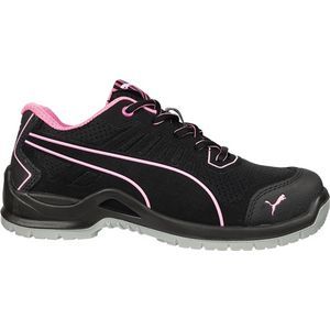 Lightweight black safety trainer with pink accents, featuring a breathable mesh upper, cushioned insole, and durable rubber outsole, size 4.