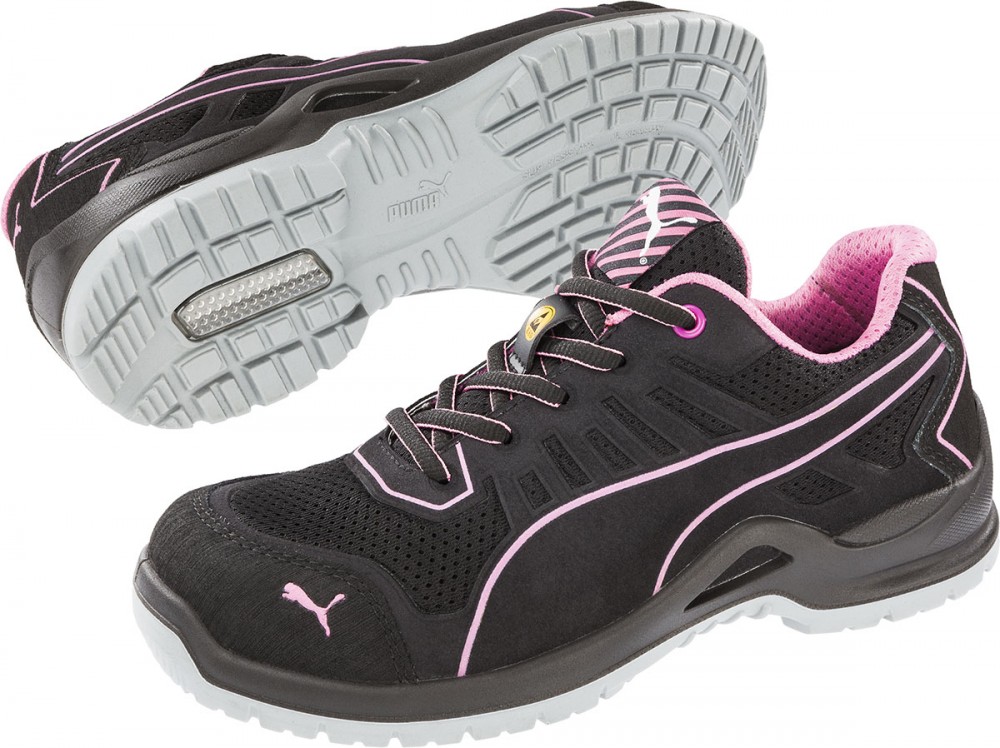 Lightweight black safety trainers with pink accents, featuring a breathable mesh upper, reinforced toe cap, and slip-resistant sole, size 8 by Puma Safety.
