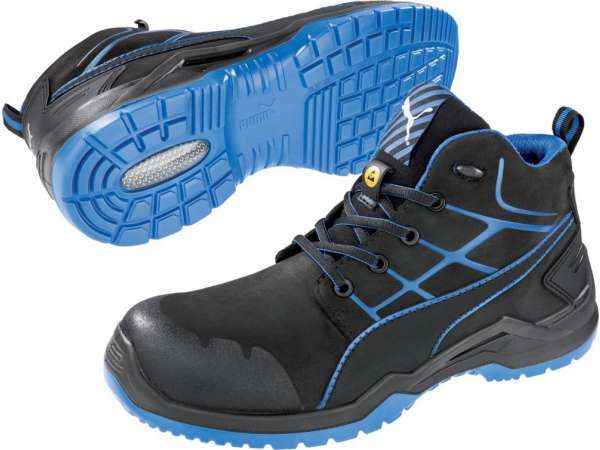 Black and blue Puma men's safety boots featuring a durable upper, lace-up design, reinforced toe, and a textured rubber sole for enhanced grip and protection.
