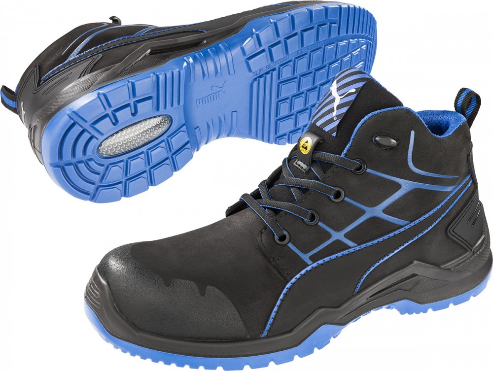 Black and blue Puma men's safety boots featuring a durable upper, reinforced toe cap, textured sole for grip, and cushioned ankle support.