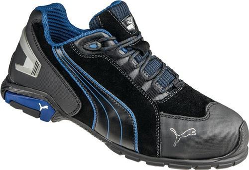 Black Puma safety boots with blue accents, featuring a low profile, padded collar, durable synthetic upper, and slip-resistant sole, size 8.