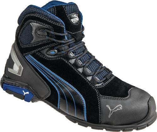 Black and blue Puma safety boots featuring an aluminium toe cap, made from durable materials with a high-top design, lace-up closure, and textured grip sole.
