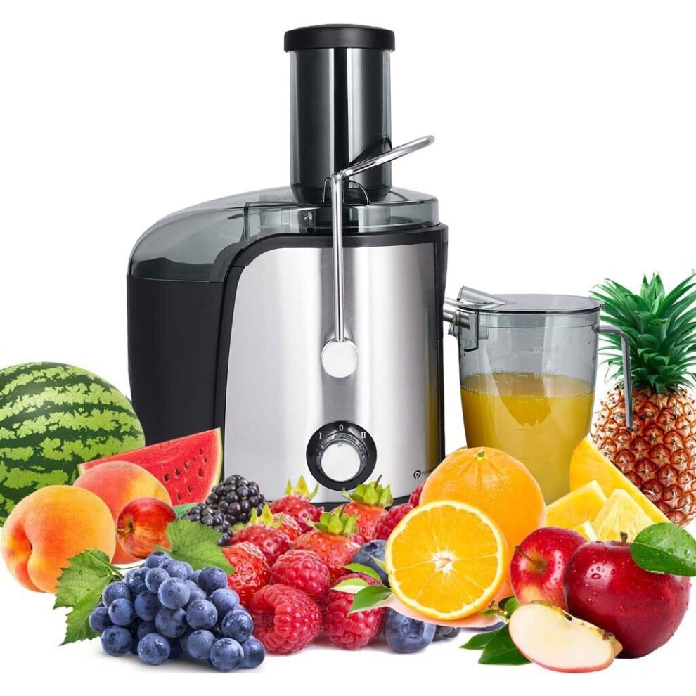 PureMate 800W NaturoPure juicer in sleek black and silver, featuring a transparent juice container, surrounded by a variety of fresh fruits like watermelon, pineapple, and berries.