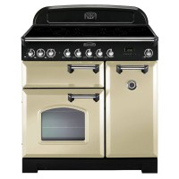 Classic cream induction range cooker with chrome trim, featuring a five-burner cooktop, two ovens, and stylish knobs for temperature control.