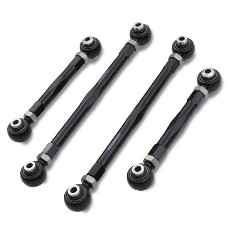 Black aluminum rear camber and toe control arms with spherical bearings, featuring adjustable lengths and robust construction, designed for BMW 1/3 Series models from 2004 to 2013.
