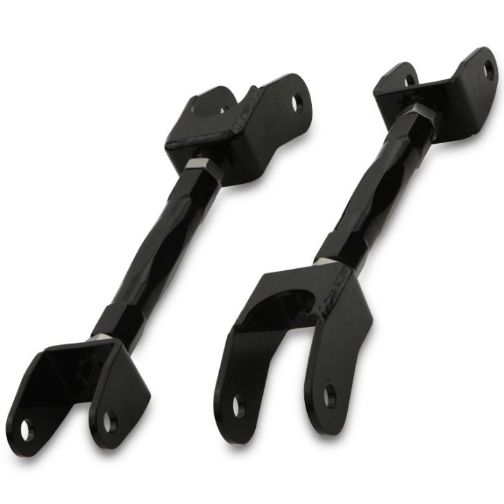 Black rear trailing arms made of metal, featuring a sleek design with multiple mounting points, specifically designed for BMW 1 and 3 Series models from 2004 to 2013.