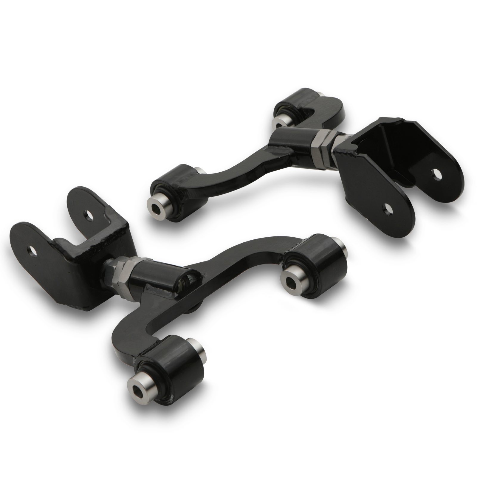 Black rear upper camber arms with silver bushings, designed for Mazda MX5 MK1 NA & MK2 NB models from 1989 to 2001, featuring a sturdy metal construction and adjustable design.