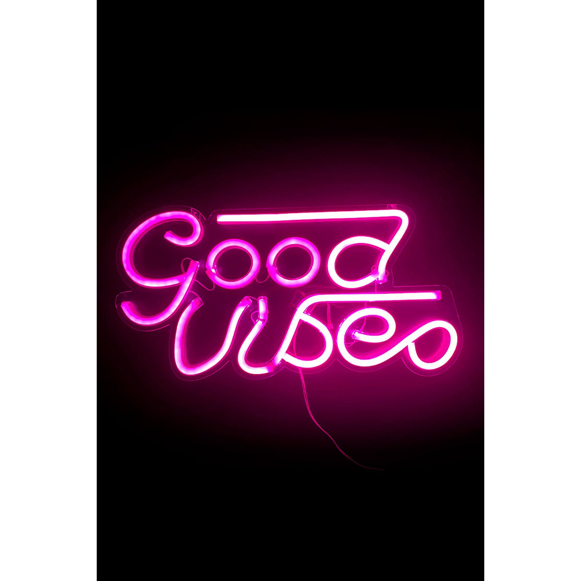 Bright pink neon light sign displaying the words "Good Vibes," featuring a sleek, modern design with a glowing effect against a dark background.