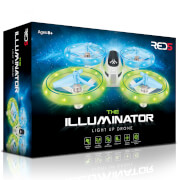 White RED5 Illuminator Drone with blue and green LED lights, featuring four propellers and a sleek design, packaged in a colorful box showcasing its key features.