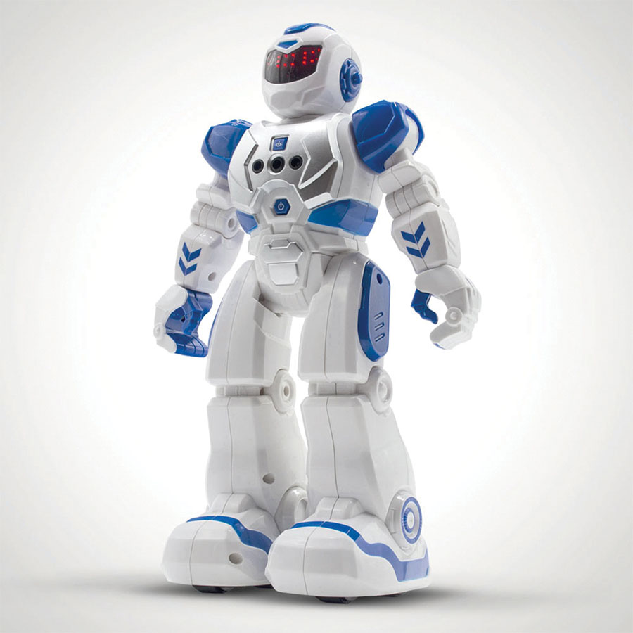 A white and blue remote control robot with LED eyes, a sleek design, and articulated limbs, featuring buttons on its chest for various functions.