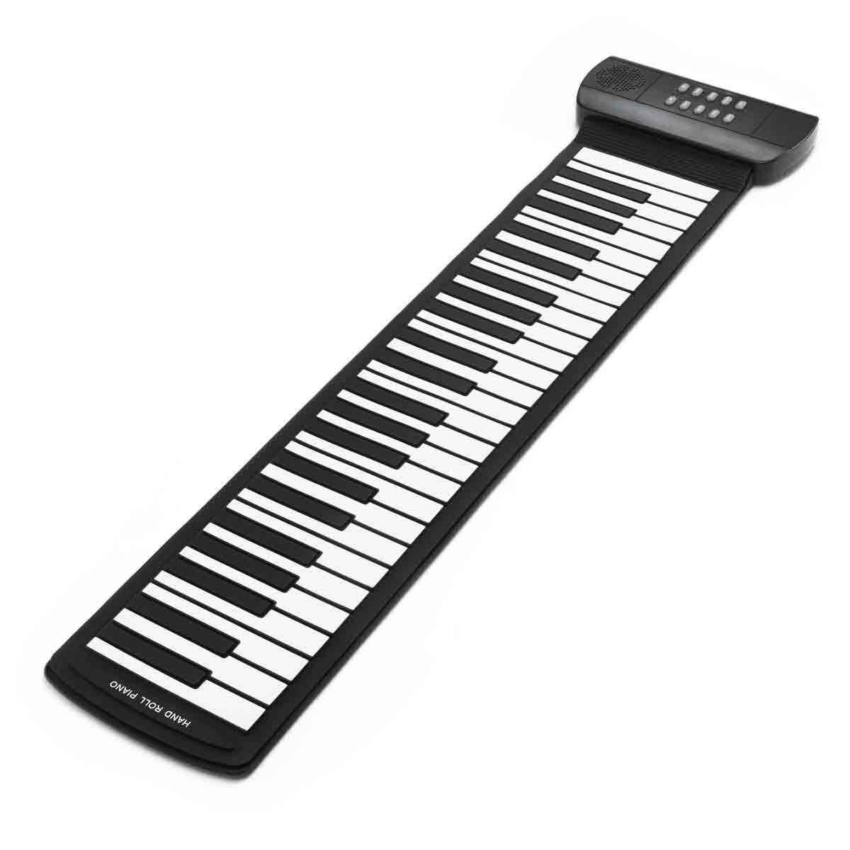 Portable roll-up piano in black and white, featuring 61 flexible keys, a control panel with buttons on one end, and a lightweight, durable design for easy transport.