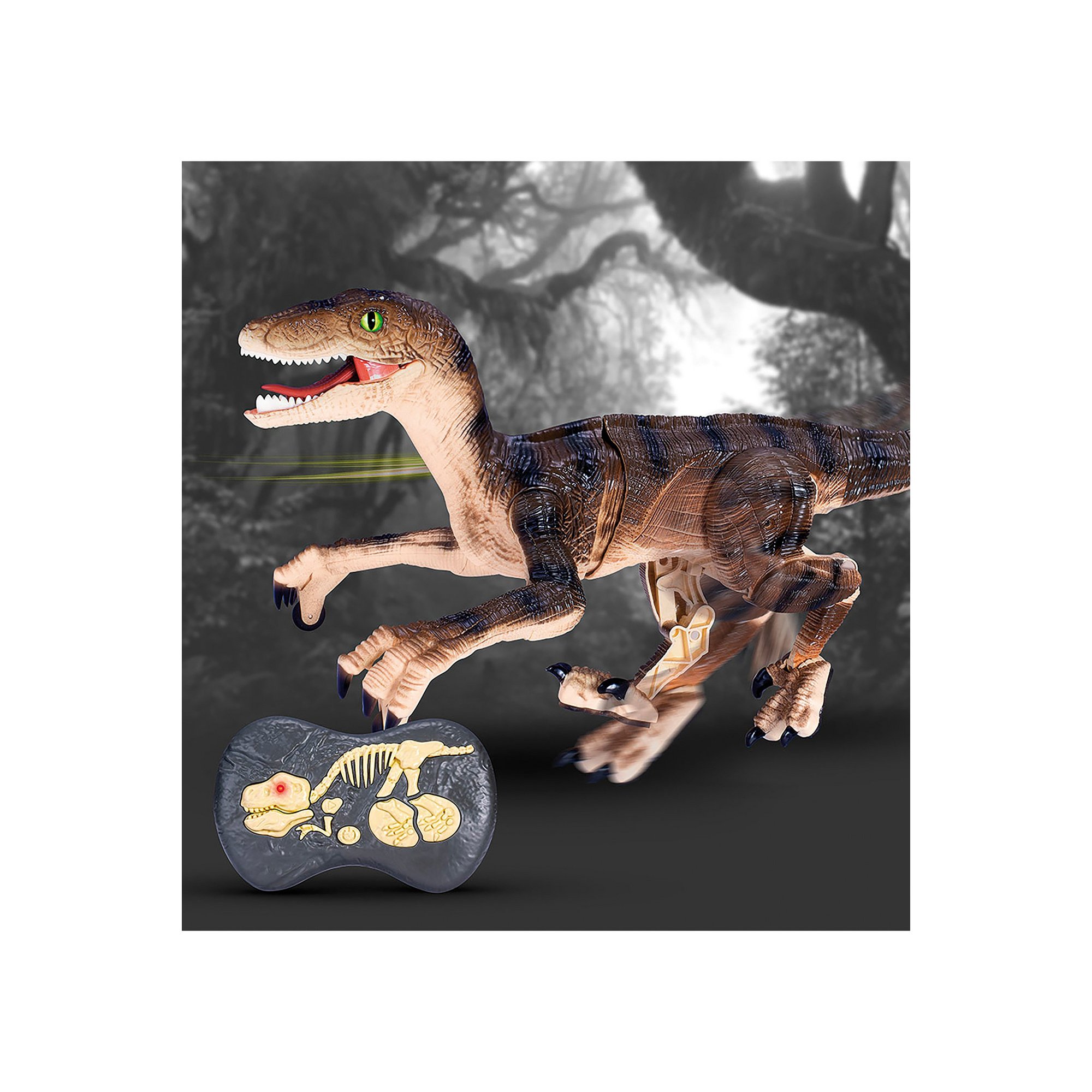 A remote control Velociraptor dinosaur in brown and tan with movable limbs, sharp claws, and a detailed skeleton design on the controller, set against a jungle backdrop.