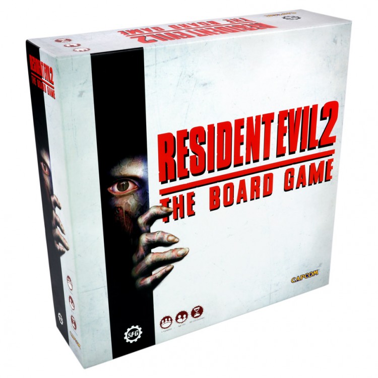 The box for "Resident Evil 2 the Board Game" features a white background with a prominent red title, a dark hand with an eye peeking through, and logos in the bottom corner.