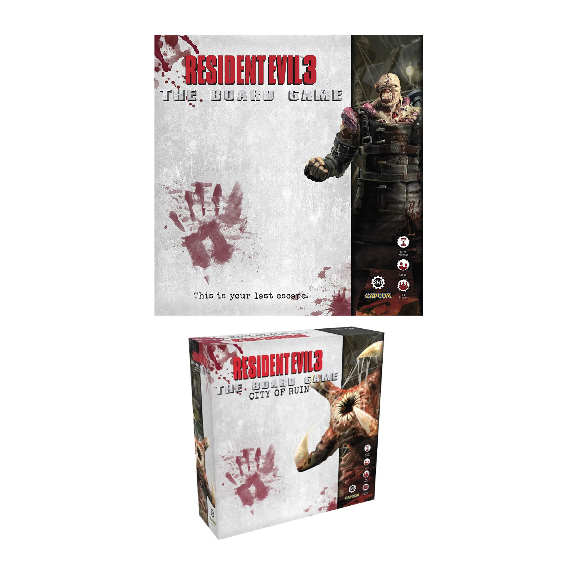 Resident Evil 3: The Board Game box features a dark design with blood splatters, showcasing a zombie character and the tagline "This is your last escape" prominently displayed.