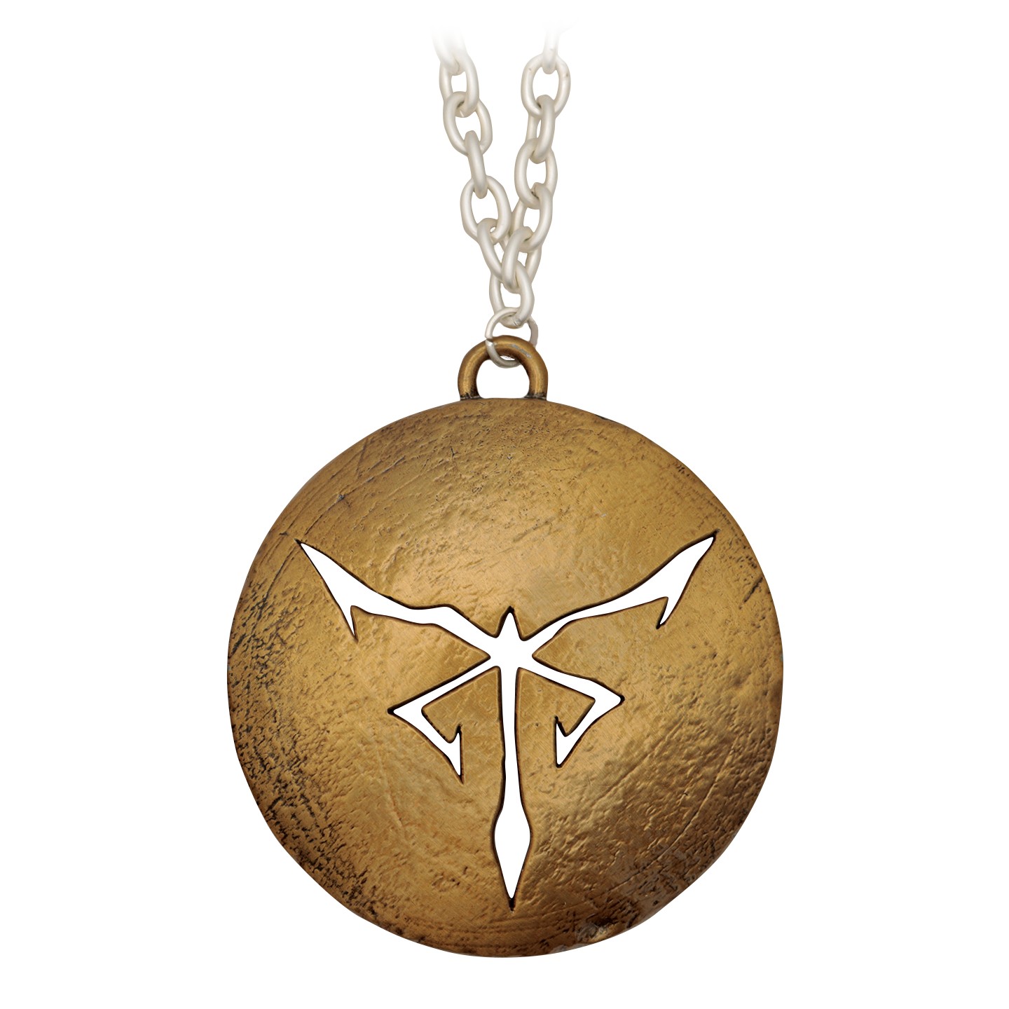 A round, textured gold medallion featuring a white symbol resembling a stylized insect, suspended from a silver chain.