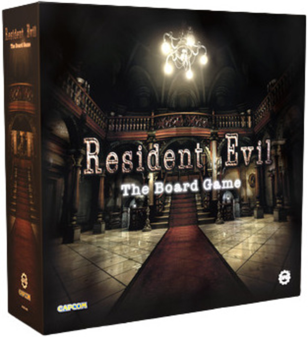 Black box featuring the title "Resident Evil: The Board Game" in distressed white letters, with a dark, eerie mansion interior backdrop and a red carpet leading up a staircase.