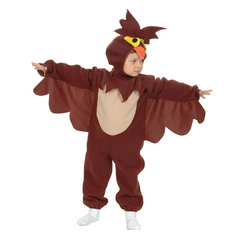 Brown owl costume for toddlers features a soft, plush material with a yellow beak and large eyes, complete with wing-like sleeves and a hood with feather details.