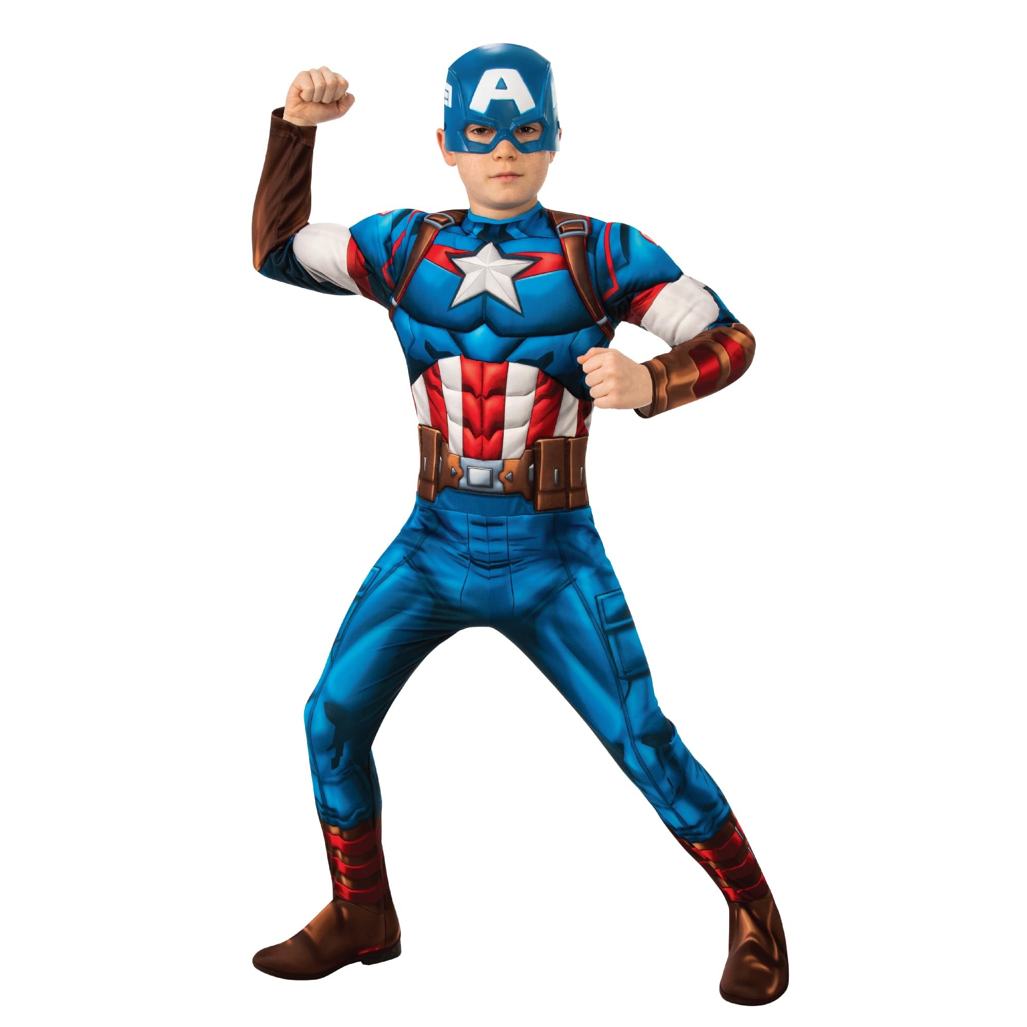 Captain America costume for 3-4 years, featuring a blue bodysuit with red and white accents, a star on the chest, brown gloves, and a matching helmet, perfect for dress-up play.