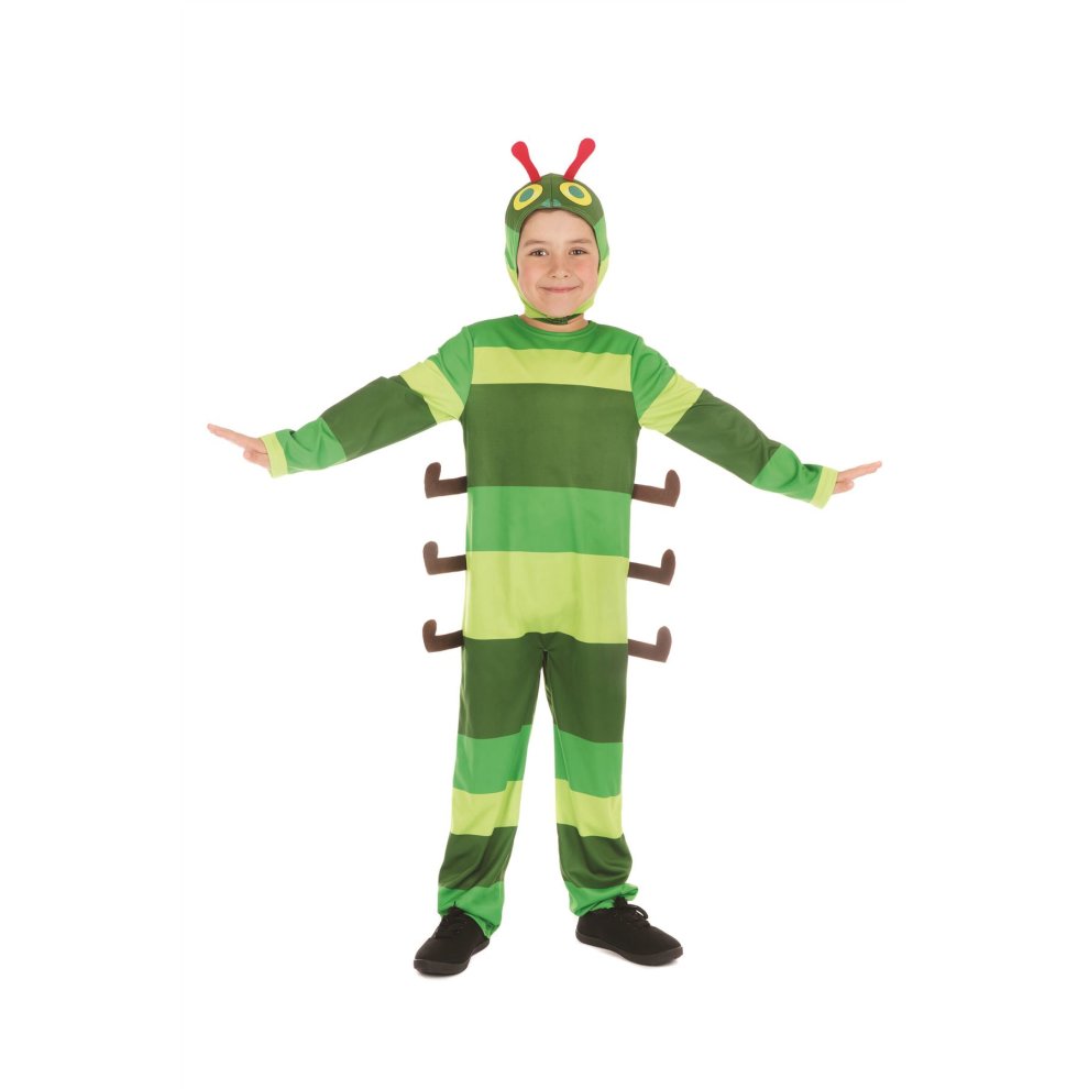 Bright green and dark green striped children's caterpillar costume featuring antennae and three brown legs, made from soft fabric, perfect for dress-up or Halloween.