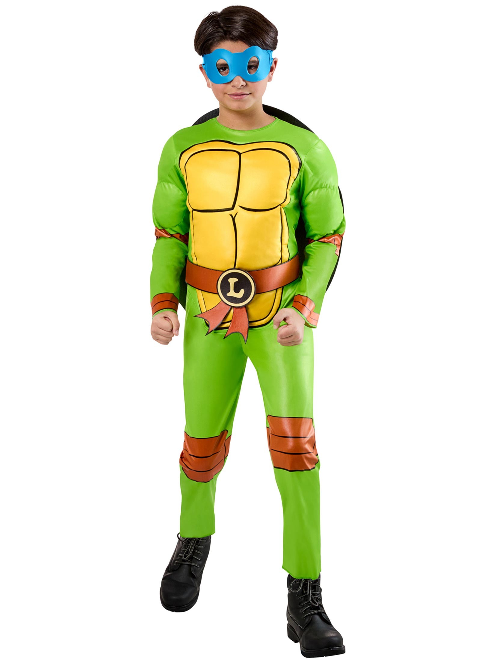 Bright green and brown Teenage Mutant Ninja Turtle costume with a padded yellow chest and brown belt, complete with a blue mask, designed for children aged 5-6 years.