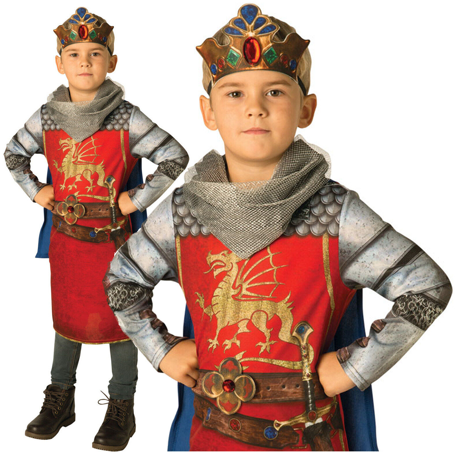 A child dressed in a red and silver King Arthur costume featuring a dragon emblem, chainmail neckpiece, blue cape, and a jeweled crown, standing confidently with hands on hips.