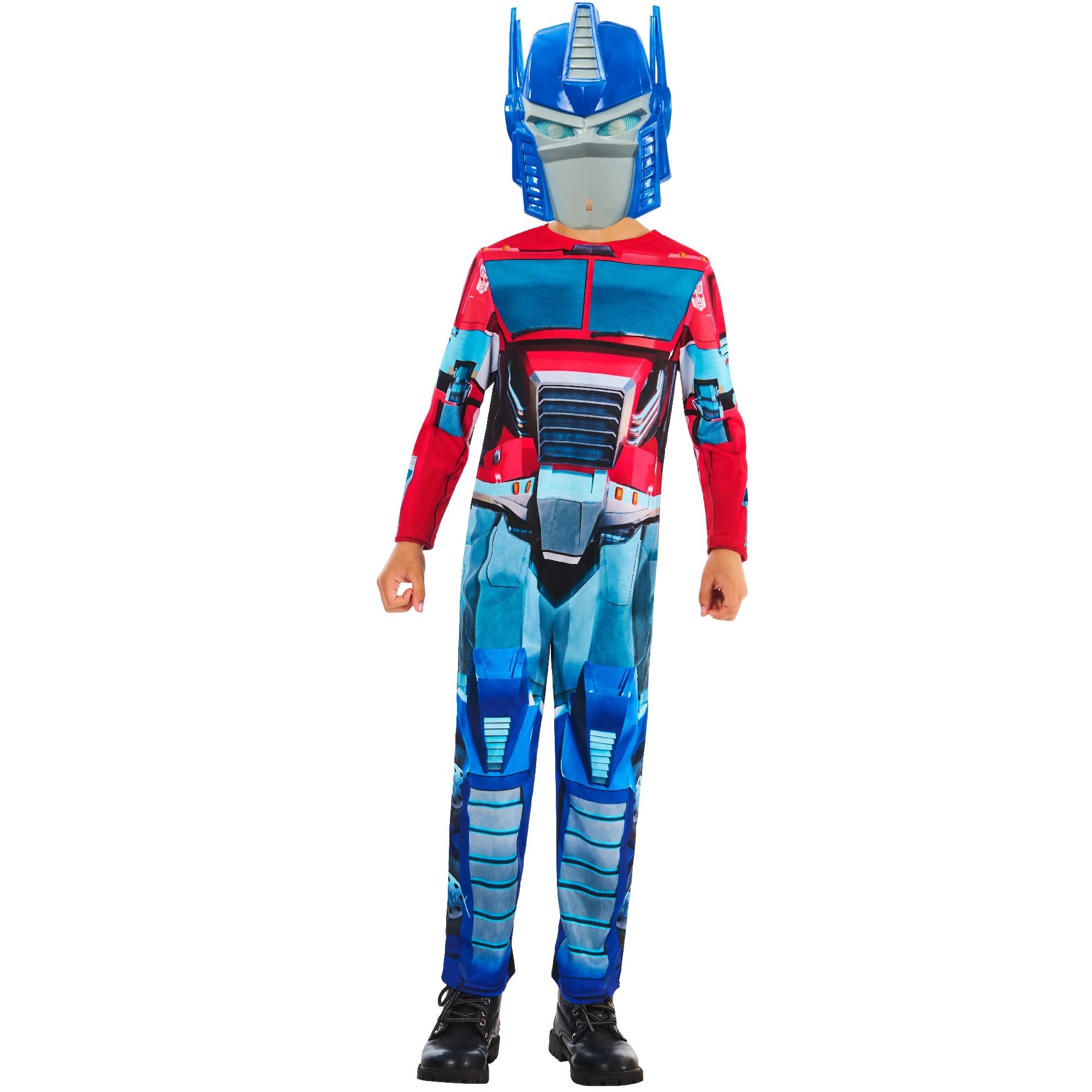 Transformers Optimus Prime dress-up costume for ages 5-6, featuring a blue and red jumpsuit with printed armor details and a matching blue helmet.