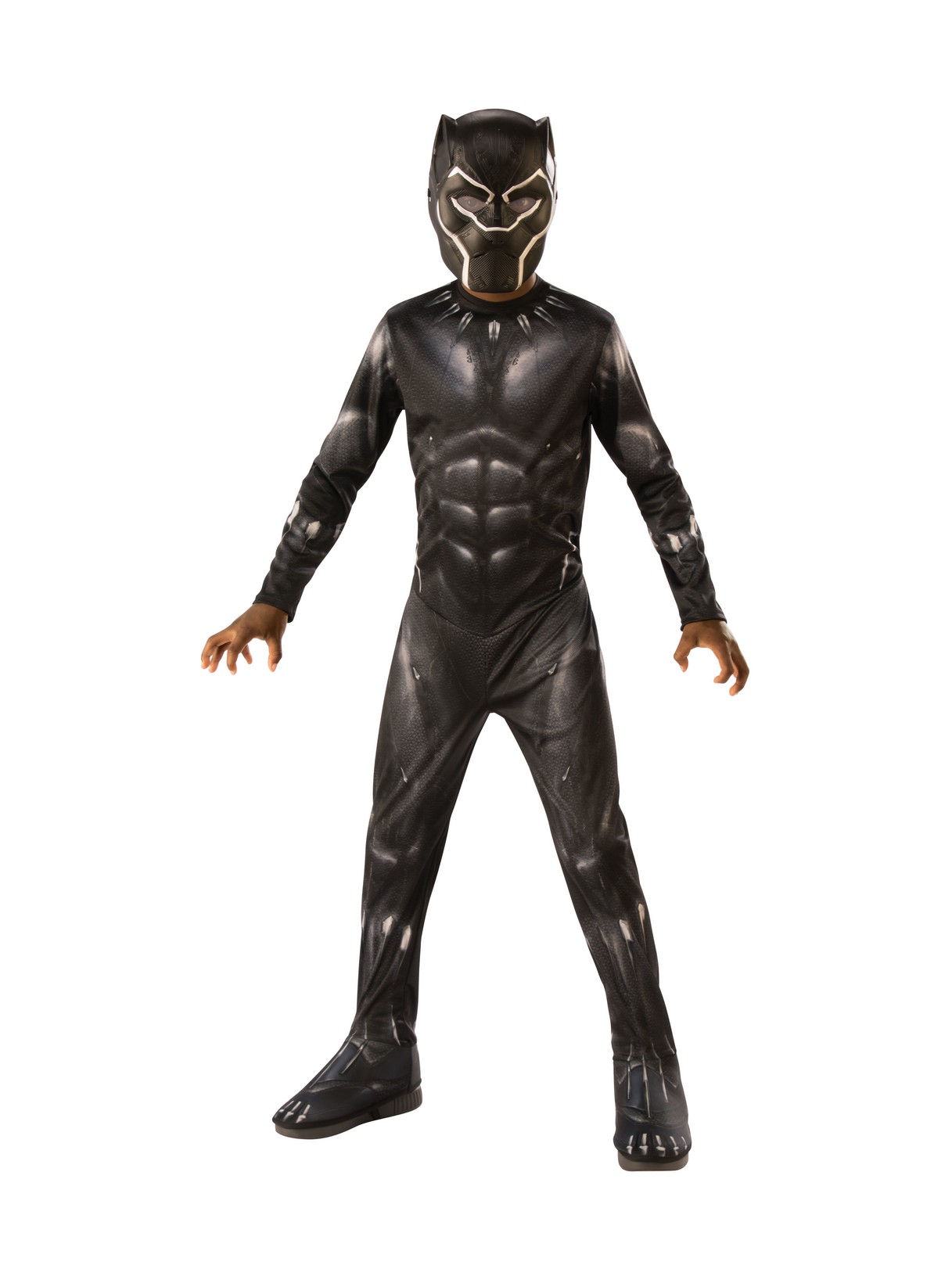 Black Panther costume set for kids aged 5-7, featuring a sleek black bodysuit with muscle detailing and a matching mask with silver accents.