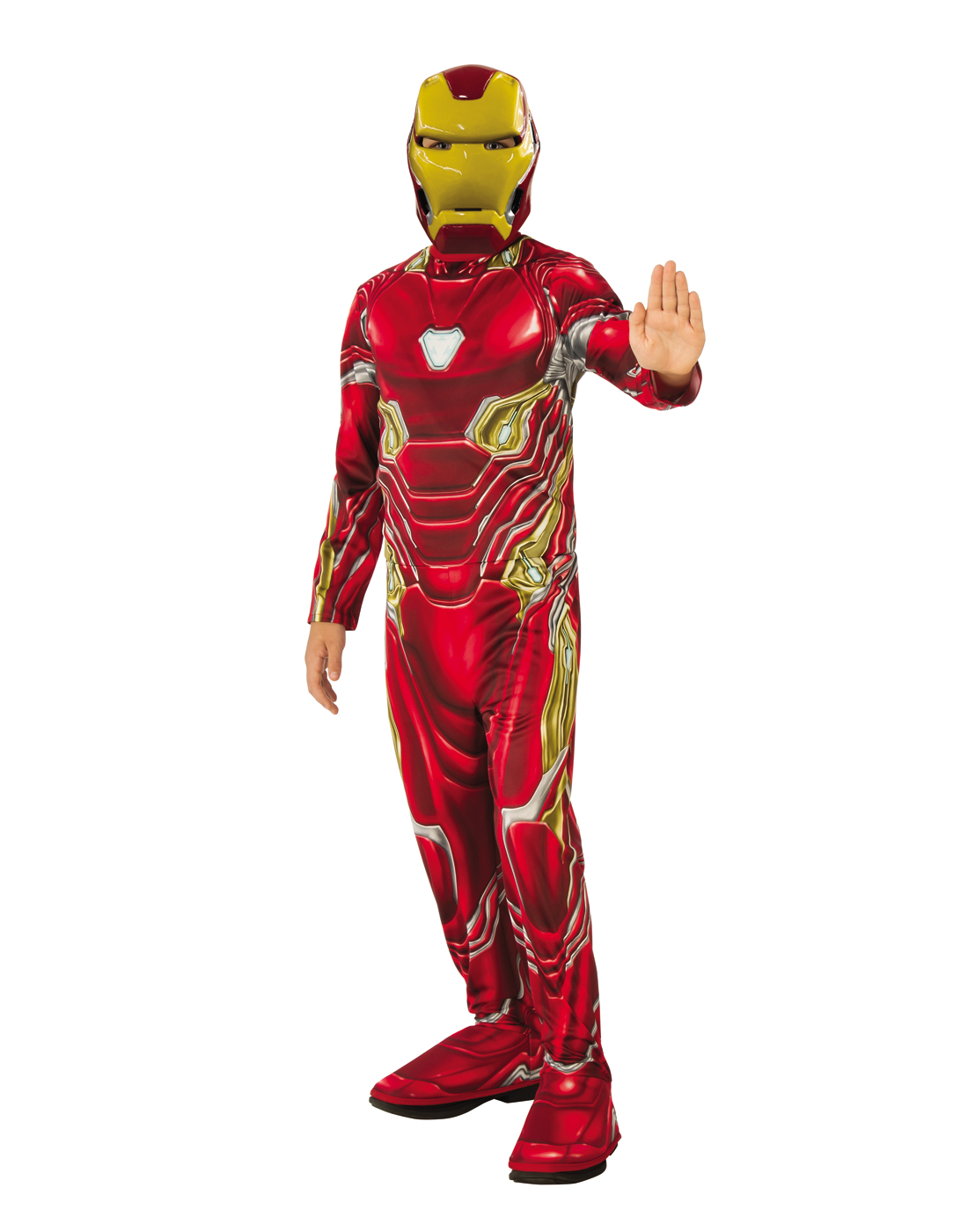 Bright red Iron Man costume for kids aged 6-8, featuring a full-body suit with metallic gold accents and a helmet, designed for dress-up play.