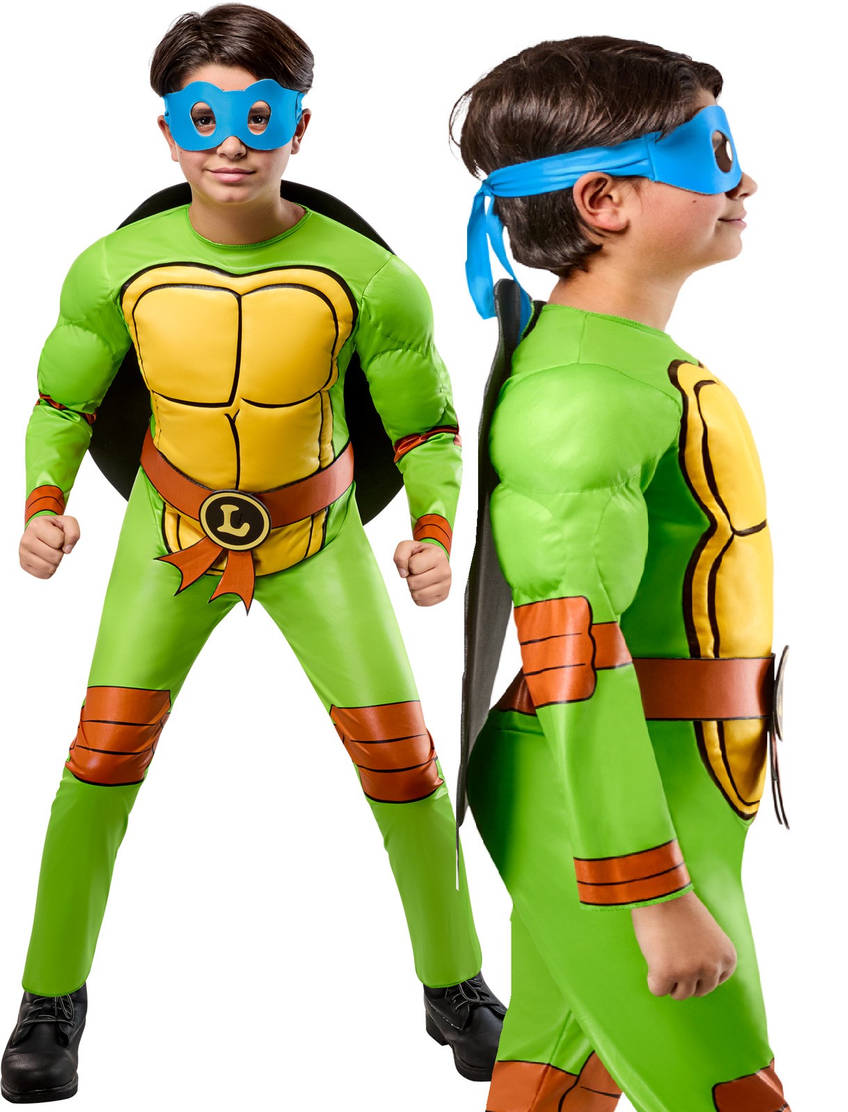 Bright green 4-in-1 TMNT costume featuring a yellow turtle shell chest, orange accents, a black cape, and a blue eye mask, designed for children aged 7-8 years.
