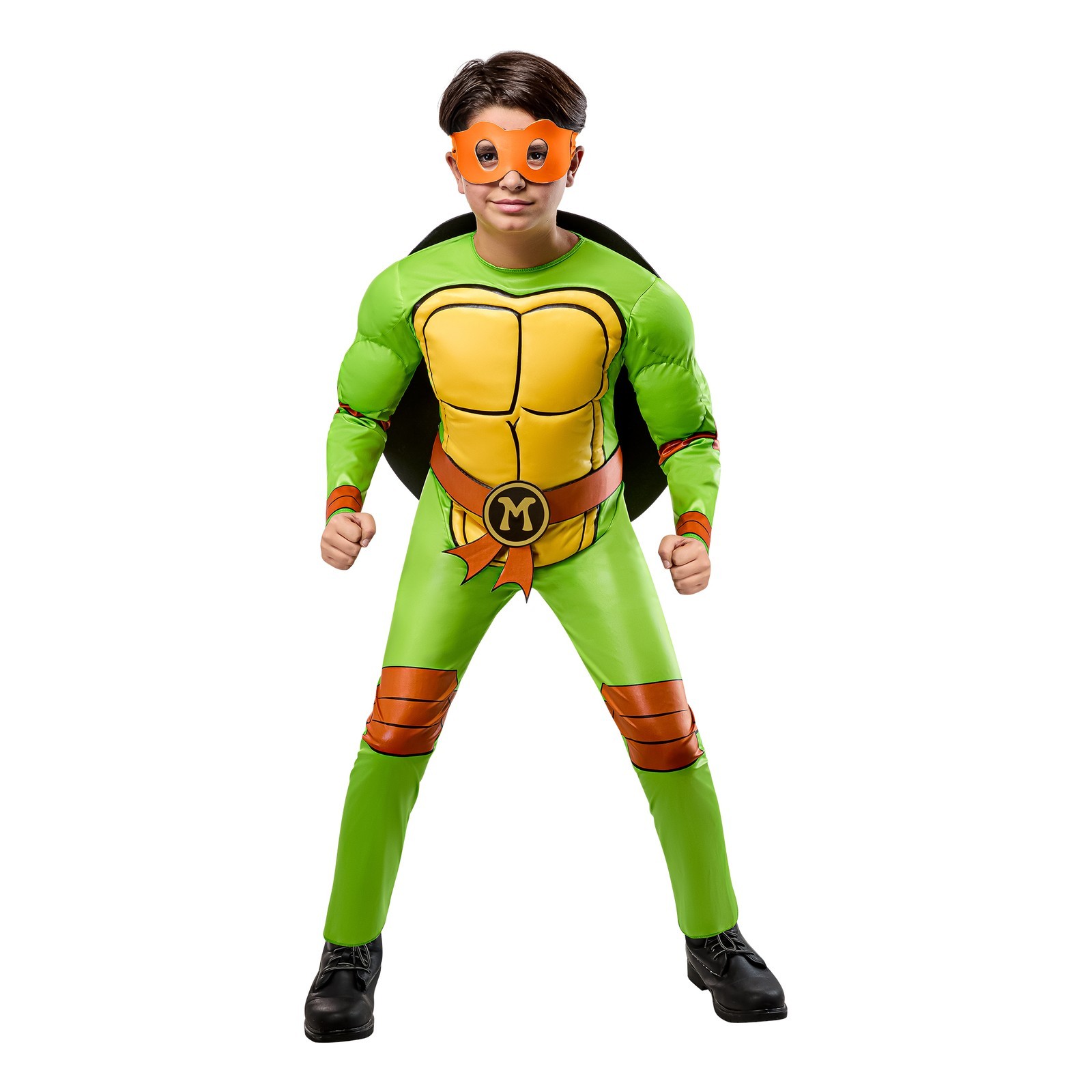 Bright green and brown Teenage Mutant Ninja Turtle costume featuring a muscular design, orange mask, and black cape, suitable for ages 9-10 years.