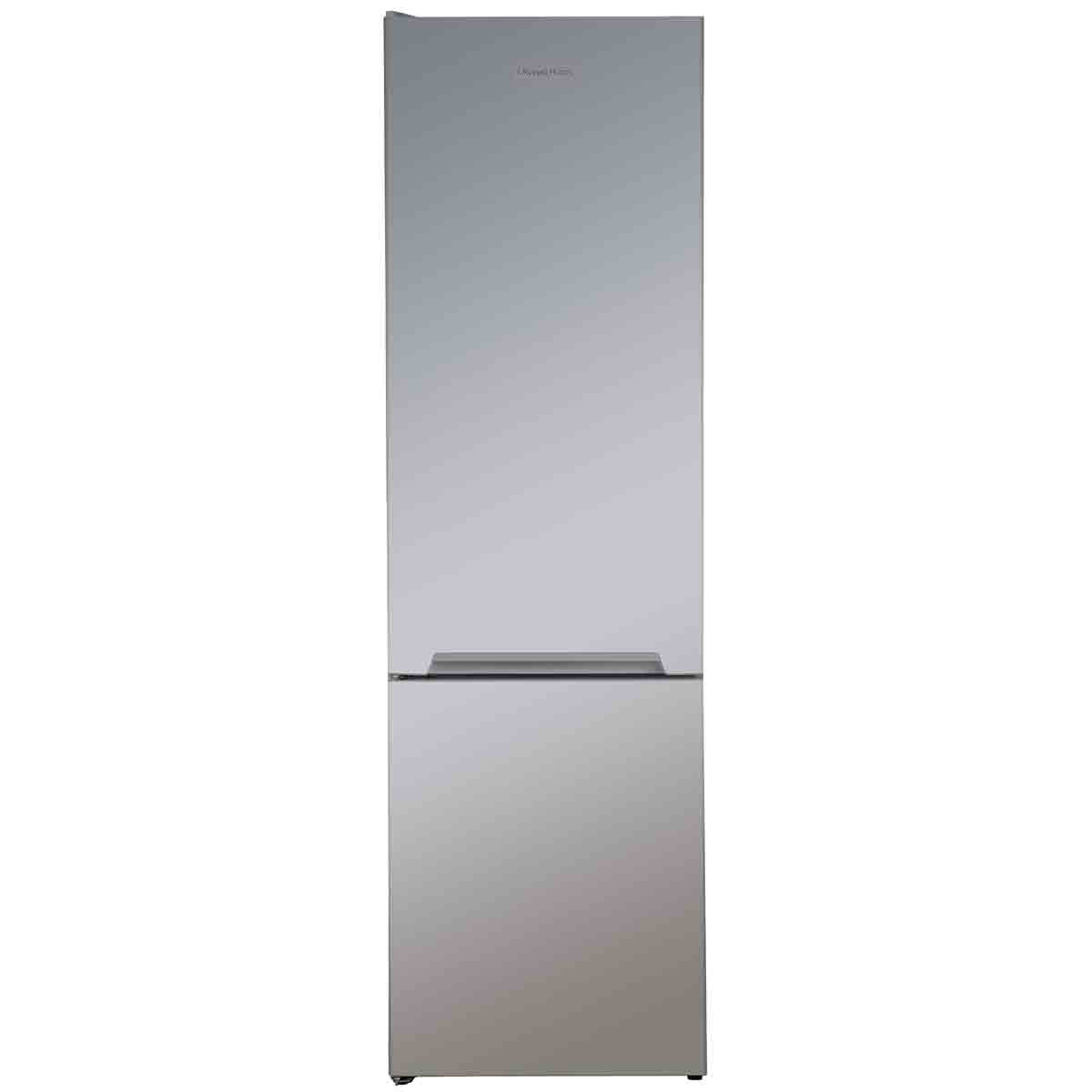 Silver freestanding fridge freezer with a 70/30 split, featuring a sleek design, smooth surface, and a bottom freezer compartment.