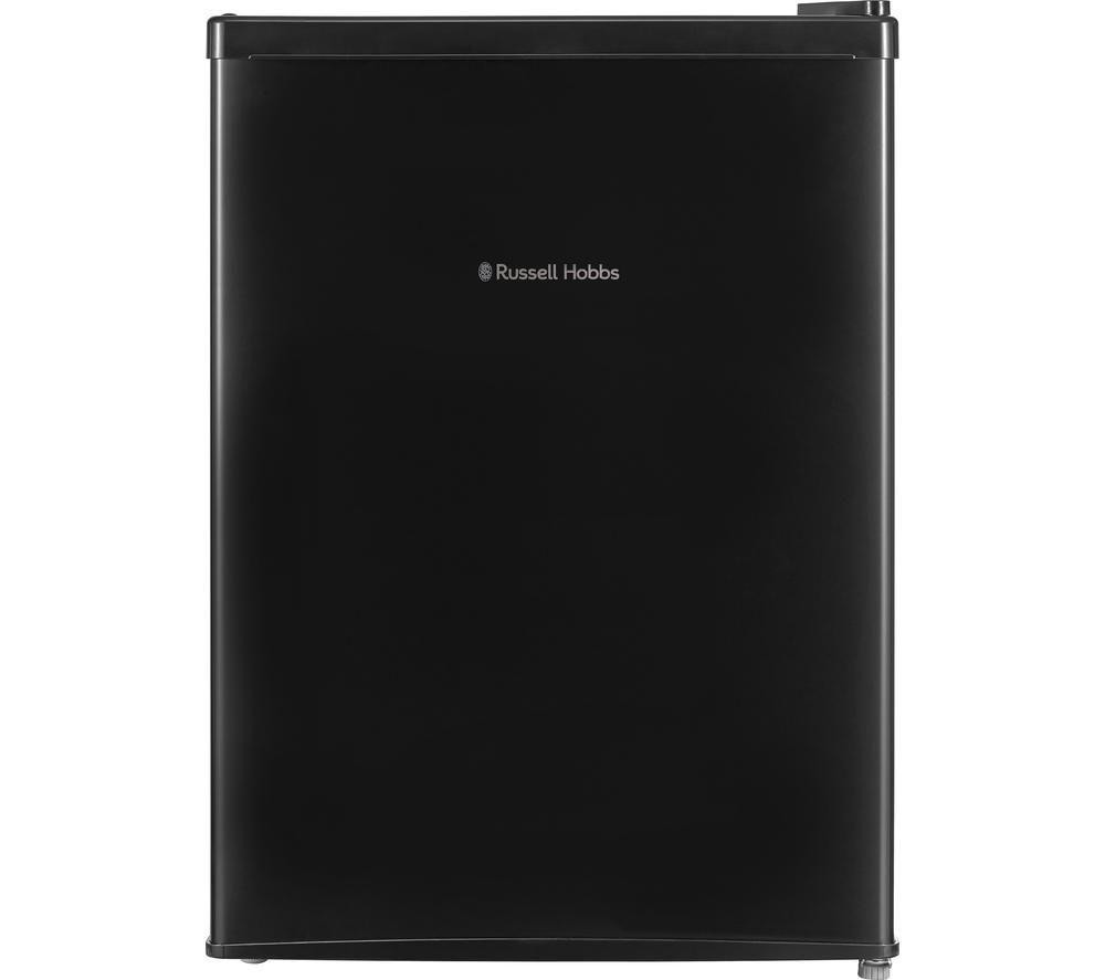 Russell Hobbs 66L mini fridge in sleek black, featuring a smooth finish, compact design, and a top-mounted ice box for added convenience.
