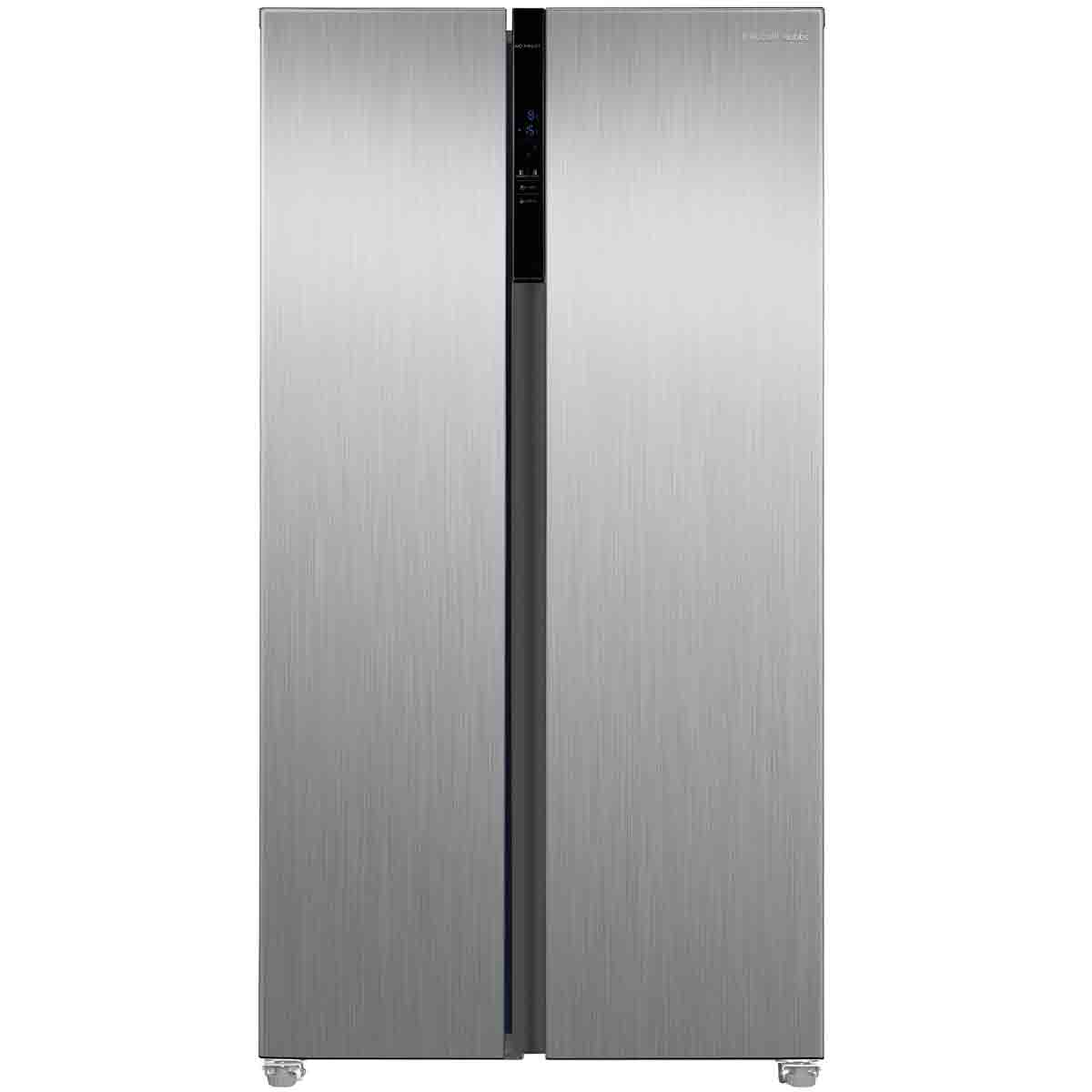 Freestanding slimline American fridge freezer in stainless steel, 177cm high and 90cm wide, featuring a sleek brushed finish and digital control panel.