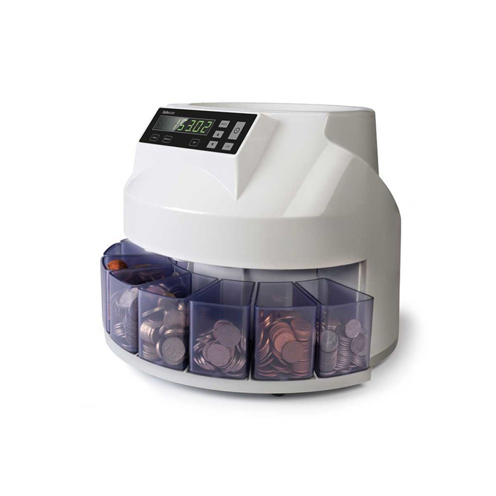 White mixed coin counter and sorter with a digital display, featuring multiple transparent coin trays for sorting various denominations.