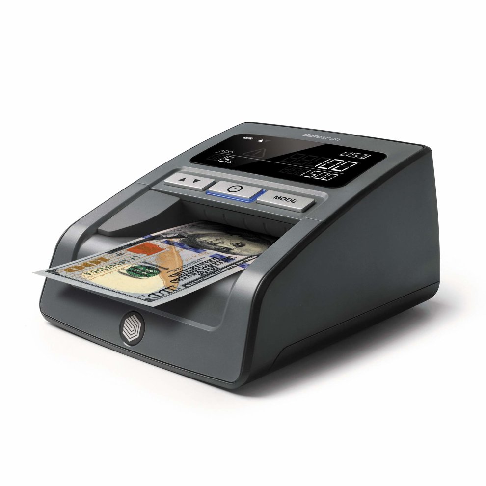 Safescan 185-S counterfeit detector in gray, featuring a digital display, control buttons, and a slot for banknotes, highlighting its 7-point detection capabilities.