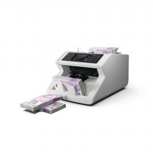 Grey Safescan 2210 banknote counter with a sleek design, featuring a digital display and multiple banknotes being counted, showcasing its efficiency and functionality.