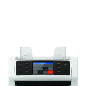 White and black Safescan 2865-S banknote counter with a digital display, control buttons, and two transparent note trays on top for easy loading and sorting.