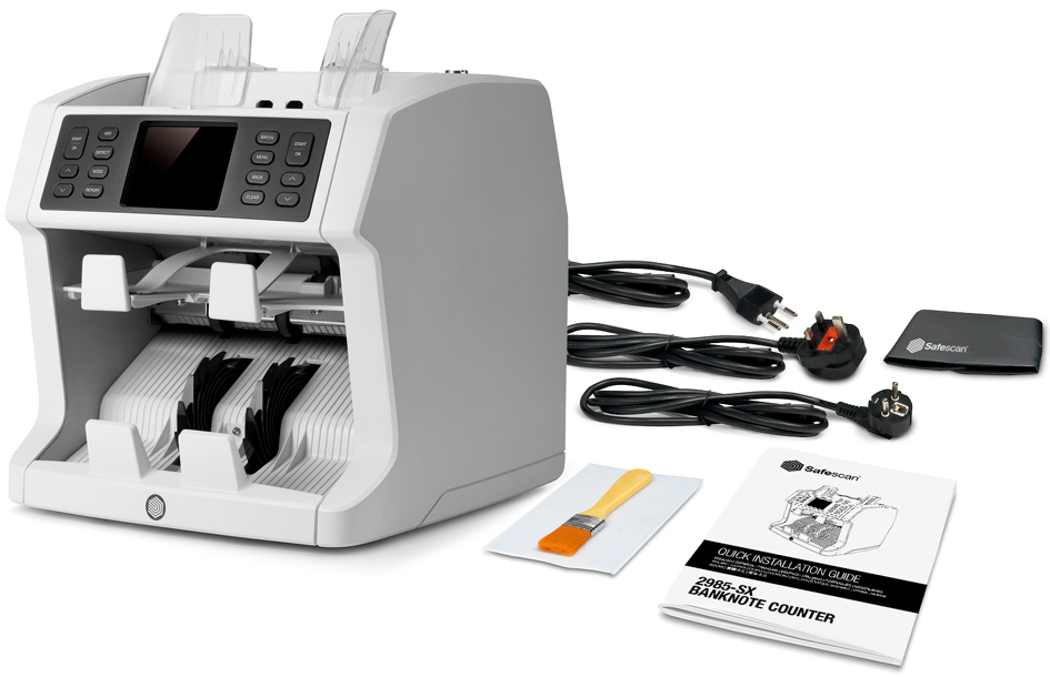 White Safescan 2985-SX G3 banknote value counter and sorter with dual hoppers, control panel, power cords, brush, and manual, designed for efficient currency counting and sorting.