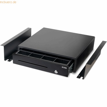 Black metal mounting brackets with a drawer, designed for Safescan SD-4141 and HD 4141S models, featuring a secure lock and multiple compartments for organization.