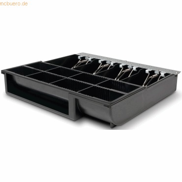 Black cash drawer with multiple compartments and metal clips for securing bills, designed for efficient organization and accessibility.