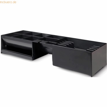 Black plastic cash drawer tray with multiple compartments for coin and bill organization, featuring a flip-top design for easy access.