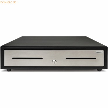 Heavy-duty black cash drawer with a stainless steel front, featuring 8 coin compartments and 4 note trays, designed for secure cash management.