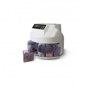 White mixed coin counter and sorter with a digital display, featuring five transparent coin hoppers for sorting Euro coins, designed for UK plug use.