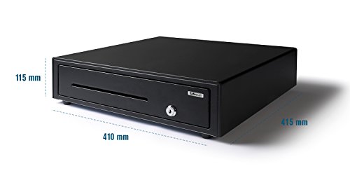 Black metal cash drawer with a sleek design, featuring a front slot for bills, a secure key lock, and dimensions of 410 mm x 415 mm x 115 mm.
