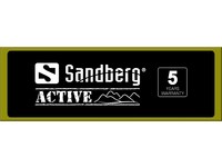 Black header for Alu Slatwall, featuring "Sandberg" logo and "ACTIVE" text in white, with a 5-year warranty indication, designed for retail display.
