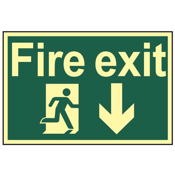 Green photoluminescent sign featuring a running man icon and an arrow pointing down, with bold yellow text reading "Fire exit."
